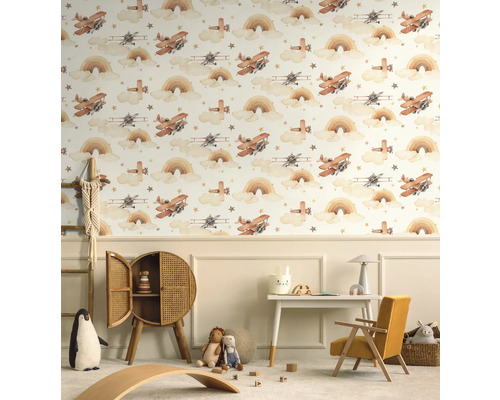 Kinderzimmer mit Flugzeug Tapete, Spielzeug und Möbeln