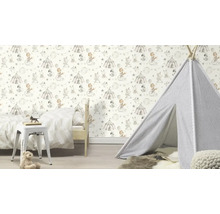 Kinderzimmer mit Zirkusmuster-Tapete, Spielzelt und Bett