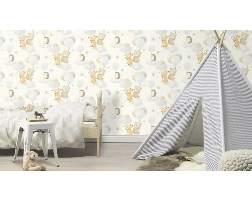 Kinderzimmer mit Tiermotivtapete, Tipi-Zelt und Bett