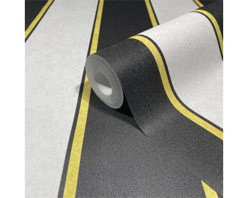 Tapetenrolle mit Streifenmuster in Schwarz, Weiss und Gelb