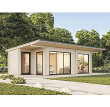 Modernes Gartenhaus aus Holz mit großen Fenstern und Tür