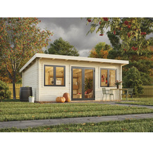 Garten Szene mit Holzgartenhaus, Gartenmöbeln und Dekorationen auf Rasen