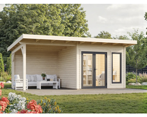 Gartenhaus mit überdachter Terrasse und Glasfront