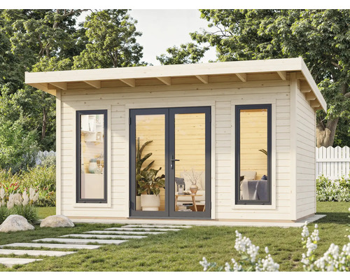 Gartenhaus aus Holz mit Fenstern und Doppeltür