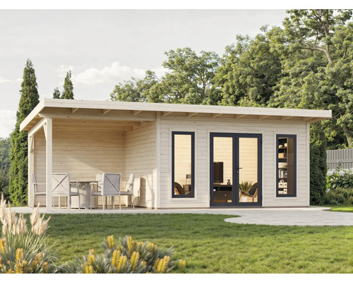 Gartenhaus mit überdachter Terrasse und Sitzmöbeln im Garten.