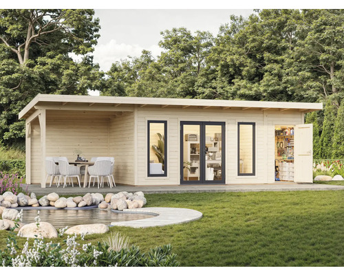 Gartenhaus mit überdachter Terrasse, Fenstern und Doppeltür im Garten