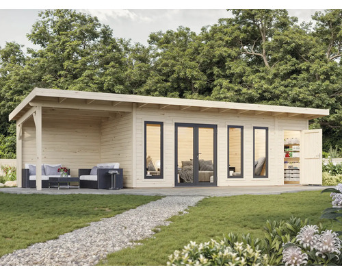 Gartenhaus mit Terrasse, Fenstern und Tür auf Rasenfläche