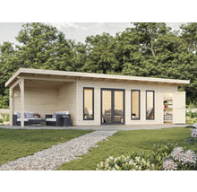 Holzgartenhaus mit überdachter Terrasse, Fenstern, Doppeltür und offenem Lagerraum im Garten