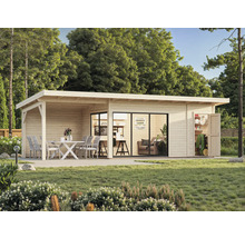 Modernes Gartenhaus mit Terrasse, Schiebetüren und Geräteschuppen im Garten