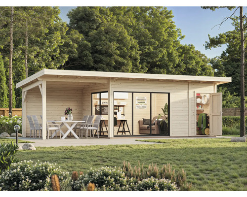 Gartenhaus mit Terrasse, Sitzgruppe und Geräteschuppen im Garten