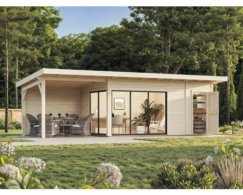 Garten mit Holzhaus, Terrasse und Gartenmöbeln