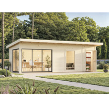 Modernes Gartenhaus mit Flachdach, Schiebetür und Stauraum im Garten