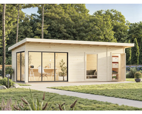 Holzgartenhaus mit Flachdach, großen Fenstern und Außentür