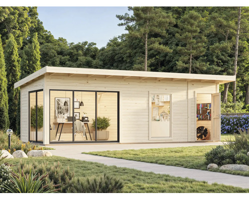 Modernes Gartenhaus mit Büroausstattung und Werkzeuglager im Garten