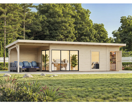 Holzgartenhaus mit überdachter Terrasse, Schiebetüren und Fenster für Garten, Büro oder Hobby