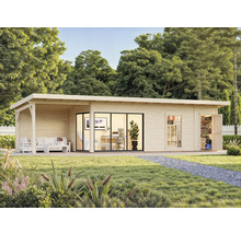 Holzgartenhaus mit Terrasse, Büro und Geräteschuppen im Garten