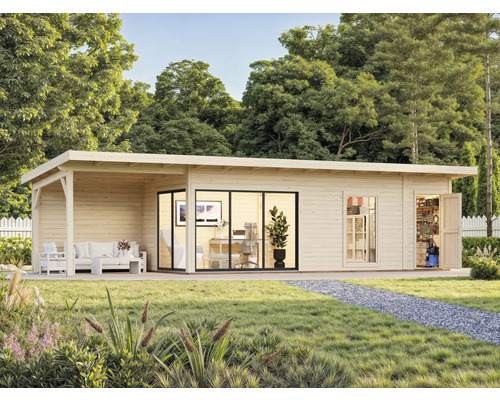 Holzgartenhaus mit Terrasse, Büro und Werkzeuglager im Garten