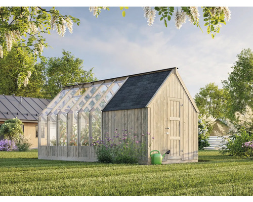 Garten Gewächshaus aus Holz und Glas mit Geräteschuppen im Garten