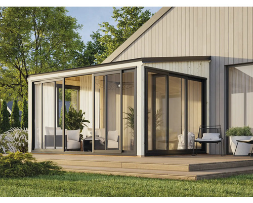 Modernes Gartenhaus mit Schiebetüren und Terrasse