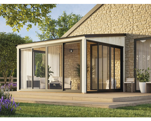 Modernes Gartenhaus mit Schiebetüren und Holzterrasse an einem Haus