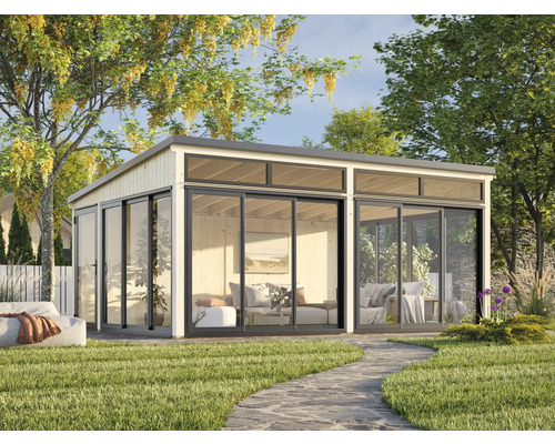 Modernes Gartenhaus mit Schiebetüren und viel Glas für eine helle und freundliche Atmosphäre