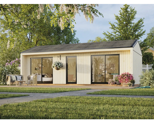 Modernes Gartenhaus mit Terrasse, Sitzgelegenheiten und üppiger Bepflanzung