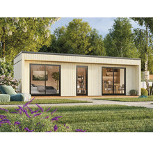 Modernes Gartenhaus mit Holzfassade und großen Fensterfronten