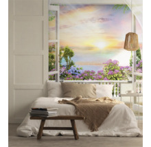 Helles Schlafzimmer mit Fensterblick auf Garten Tapete