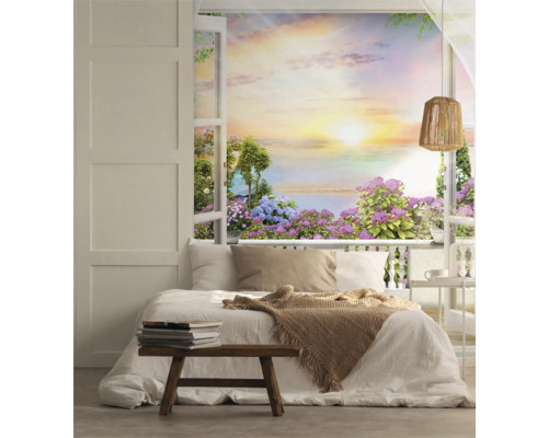 Helles Schlafzimmer mit Fensterblick auf Garten Tapete