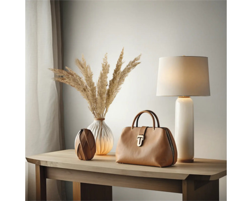 Dekorative Szene mit Tasche, Lampe und Vasen auf einem Holztisch.