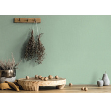 Helle, dekorative Wand mit Accessoires wie Trockenblumen, Holzbrett mit Nüssen, Obstattrappe und Topfpflanze