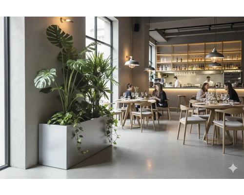Innenraum eines Restaurants mit Tischen, Stühlen und Pflanzen