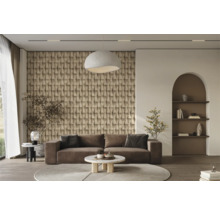 Wohnzimmer mit braunem Sofa, Couchtisch, 3D-Wandpaneelen, Pendelleuchte und Regal