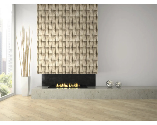 Wohnzimmer mit Kamin, Zierpflanzen und Wandpaneelen