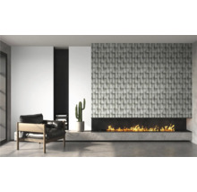 Modernes Wohnzimmer mit Sessel, Kamin und dekorativer Wandverkleidung