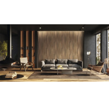 Wohnzimmer mit Wandpaneelen, Sofa, Sessel und Kamin