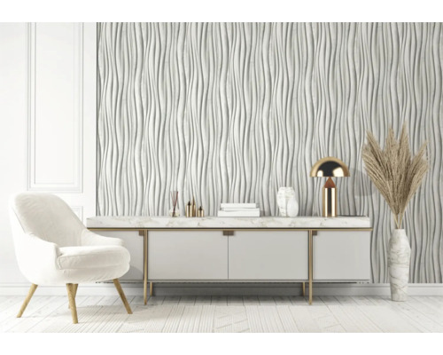 Modernes Wohnzimmer mit weißen 3D Wandpaneelen, Kommode, Sessel und Dekorationen