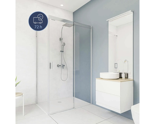 Duschrückwand BREUER Express Q72 Dekor Marmor weiß 150 x 255 cm Helles Badezimmer mit Duschkabine, Waschbecken und Spiegel