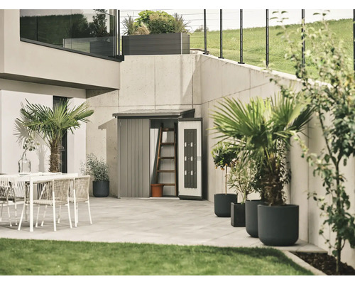 Türpaket Biohort WoodStock 230 210x172,5 cm quarzgrau-metallic Gartenszene mit Gerätehaus, Terrassenmöbeln und Pflanzen