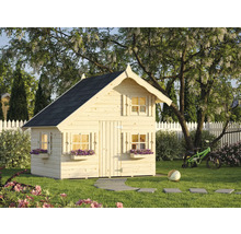 Kinderspielhaus aus Holz mit Fenster und Tür im Garten