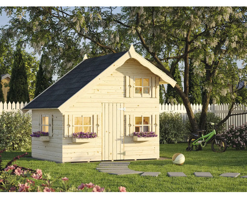 Kinderspielhaus aus Holz mit Fenster und Tür im Garten