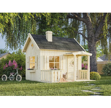 Spielhaus aus Holz mit Veranda, Fenstern, Blumenkästen und einem Tricycle im Garten.