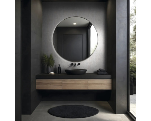 Modernes Badezimmer mit rundem Spiegel, Aufsatzwaschbecken und Holzunterschrank