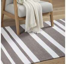 Gestreifter Teppich mit Sessel und Decke