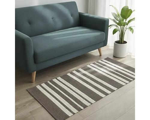 Szene mit Sofa, Zimmerpflanze und einem gestreiften Teppich