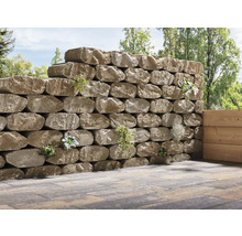 Eine Trockenmauer aus Natursteinen mit Bepflanzung im Garten.