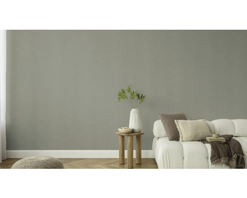 Wohnzimmer mit grauer Wandfarbe, Sofa, Tisch und Dekoration für eine helle und freundliche Atmosphäre