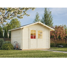 Garten Szene mit Holzgartenhaus, Rasenmäher und Gartenschlauchwagen.