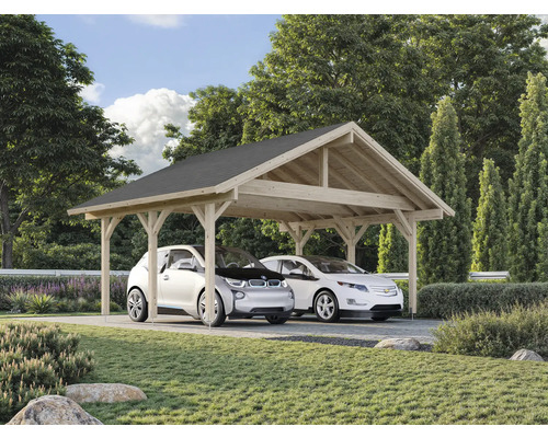 Carport aus Holz mit zwei geparkten Autos