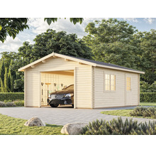 Holzgarage mit Auto, Fenster und Tür im Garten
